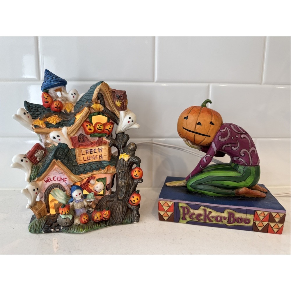 Halloween Decor-Spooky Hollow Leech Lunch Lighted House & Peek A Boo Jim Shore